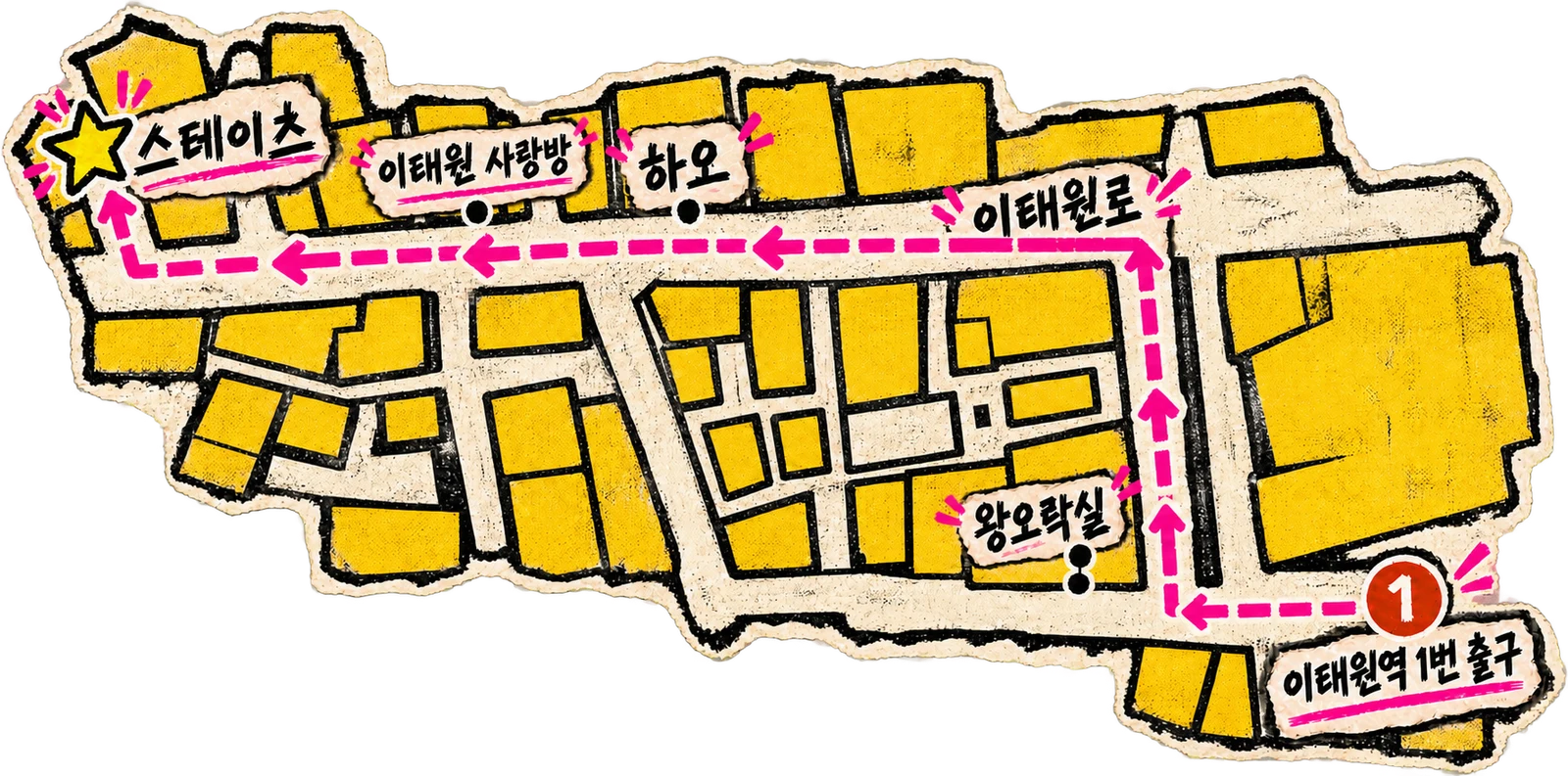 스테이츠 약도. 이태원 사랑방, 하오, 이태원역 1번 출구가 표시되어 있습니다.